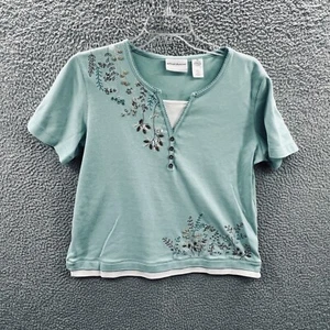 Alfred Dunner Women Top Medium Petite Mint Green Floral Beaded Pullover Shirt - Picture 1 of 10
