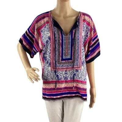 Trina Turk Floria Tunic Silk Top Pink Blue Boho Print V-Neck Blouse Medium - Image 1 of 4