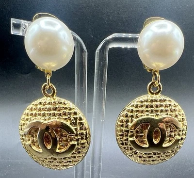 Vintage Chanel 23 1980s Pearl Drop Earrings Gold Tone CC - Image 1 of 4