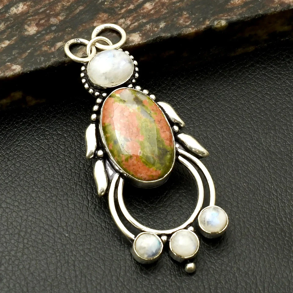 Joyería colgante étnico de piedras preciosas de piedra lunar arco iris Unakita para mujer 3" AP-42239 Foto 1 de 1