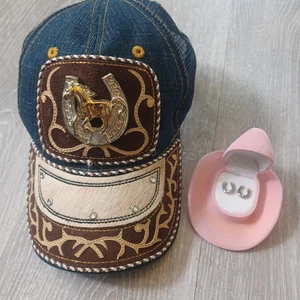 Cowgirl Ball Cap & Earring Set Trucker Gems Horse Hair Horseshoe Denim  Western  - Picture 1 of 5