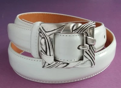 BARRY KIESELSTEIN CORD STERLING SILVER BUCKLE PAT AREIAS WHT LEATHER BELT SZ 28 - Image 1 of 4