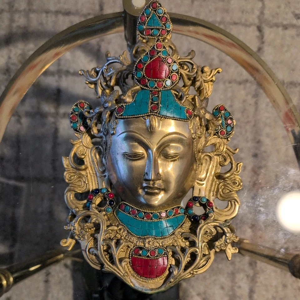 Бронзовый контур в золотой мозаике драгоценный камень бирюза белый Тара Будда голова маска - Изображение 1 из 4