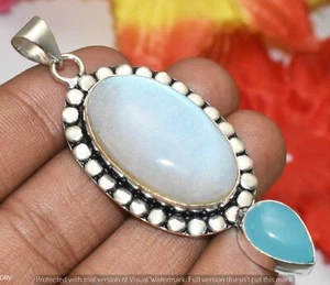 Blue Agate(Lab) & Chalcedony Gemstone Pendant 925 Silver Plated U312-A215 - Picture 1 of 1