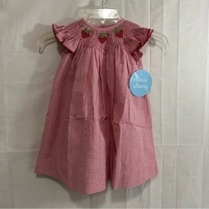 Abito classico stravagante ragazza fragola e vite smocked gingham rosso a quadri - Foto 1 di 24