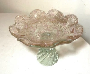 tall vintage blown pink gold flek glass Italian centerpiece footed bowl Murano - Picture 1 of 11