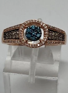 Cluster-Ring 10 K Rotgold pave-besetzt blau champagnerfarben und weißer Diamant 0,35 kt neu - Bild 1 von 12
