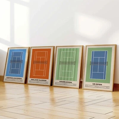 Juego de 4 carteles de tenis enmarcados arte de pared, estampados de cancha de tenis arte Wimbledon 2023 Foto 1 de 4