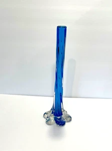Vintage Twisted Elephant Foot Clear Glass Bud Vase 11 inches Tall Stretch Blue - Picture 1 of 10