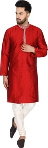 Indian Men's Red Pakistani Kurta For Eid Pyjama Silk Party XL 2 Piece Set - Picture 1 of 6