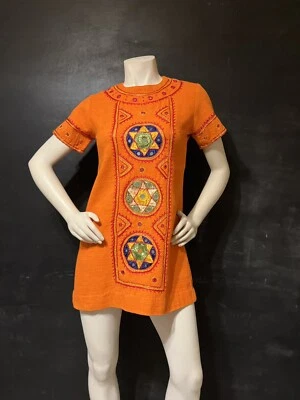 India 60s VTG  Maharajah Embroidered Bohemian Festival Dress Mirror Work TUNIC S - Image 1 of 4