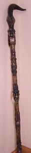Vintage Tribal Cane Walking Stick with Ram's Horn Handle, Faces, Teeth & Fur - Picture 1 of 3