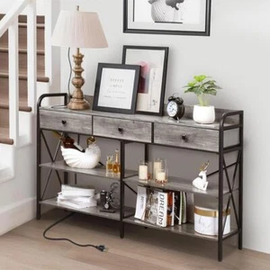 Console Table with Power Outlet 3 Drawer Narrow Sofa Industrial Entryway Behind - Picture 1 of 12