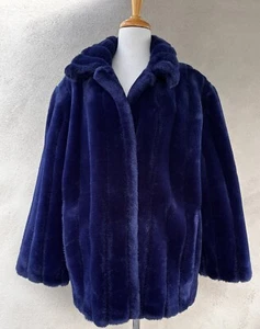 Vintage Dennis Basso Navy Blue Faux Fur Plush Coat Jacket Lined Size Large USA - Picture 1 of 13