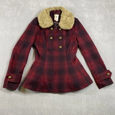 Elevenses Jacket Womens 8 Red Plaid Faux Fur Collar Button Peacoat Wool Blend - Image 1 of 4