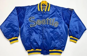 Vintage Majestic MLB Seattle Mariners Bomber Satin Jacket L Blue Sewn Quilted - Picture 1 of 10