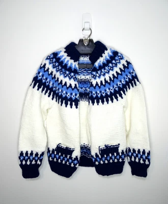 Cárdigan suéter de lana Fair Isle tejido a mano vintage para mujer pequeño vacaciones nórdicas años 60 Foto 1 de 4
