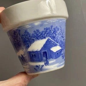 Vintage Japan kleiner Übertopf Topf Currier & Ives Stil Gehöft im Winter Design - Bild 1 von 9