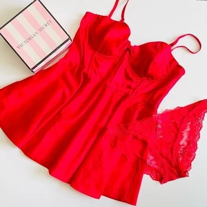 NWT Victoria’s Secret XXL red bow slip dress lingerie set cheekini panties - Picture 1 of 9