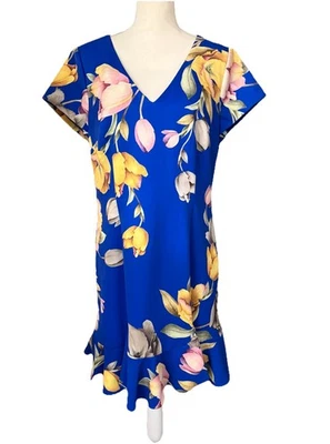 Adrianna Papell Royal Blue Floral Printed Sheath Dress Sz 14 Ruffle Hemline  - Image 1 of 4