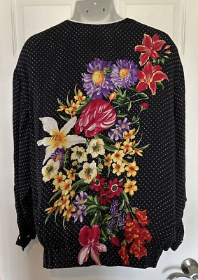 Chaqueta de seda vintage Peter Nygard estampado floral negra a lunares talla grande 16W Foto 1 de 4