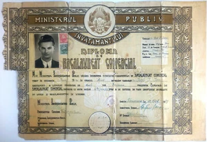 Rumania, 1949, Diploma de Bachillerato Vintage - Escuela Secundaria Comercial, Timisoara - Imagen 1 de 2