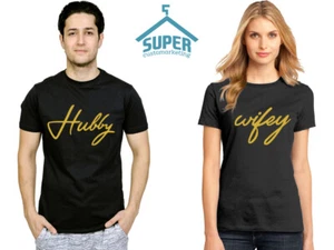 HUBBY FEWIFEY Pareja Camiseta DORADA A juego Boda Día Luna de Miel Camisetas NEGRAS-NEGRAS - Imagen 1 de 4