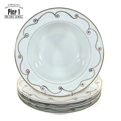 Pier 1 Imports HOLIDAY SCROLL 16 oz con borde sopa pasta 8,75" juego de tazones 4 oro como nuevo Foto 1 de 4