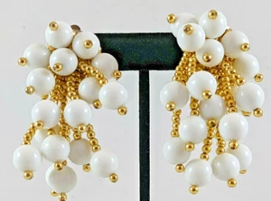 Hand Made White and Gold Beaded Clip Earrings - Picture 1 of 4