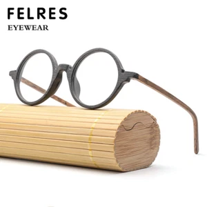 Men Acetate Imitation Wood Round Retro Eyeglasses Clear Lens Glasses Frames New - Picture 1 of 26