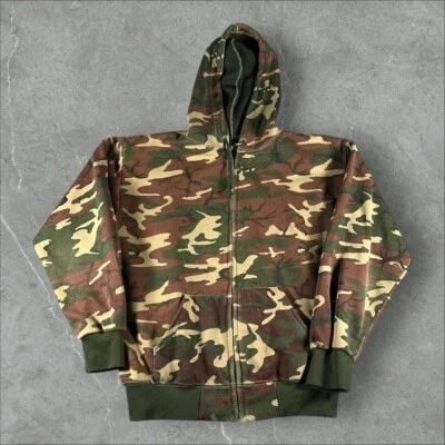 Vintage Hoodie Mens Large Green Woodland Camo 1960s Thermal Full Zip Hunting 60s - Image 1 of 4