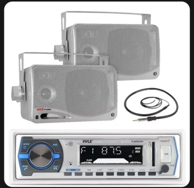 Black Pyle 3.5" Box Speakers, Pyle Marine AM FM USB Bluetooth Receiver, Antenna - Image 1 of 4