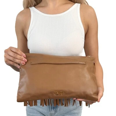 PRADA Vintage Logo Fringe Clutch Mini Bag Brown Gold Leather Zip Rank AB - Image 1 of 4