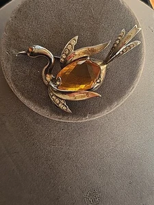 Sterling Signed Brooch Rare Vintage Amber Glass Rhinestone 2-1/4" Swan Pin - Picture 1 of 23