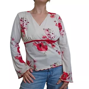 Y2K Womens XL Babydoll Cream Floral Blouse Empire Waist Flare Sleeve Boho Pink - Picture 1 of 9