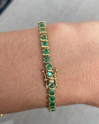 Brazalete Tenis Esmeralda Simulada Corte Redondo 10.00 Ct Chapado en Oro Amarillo 14K Foto 1 de 4