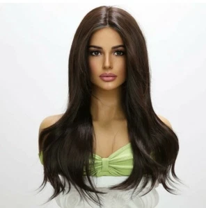 HD Spitze Perücke dunkelbraun Balayage lange Schichten Echthaarmischung Ombre Wellen - Bild 1 von 5