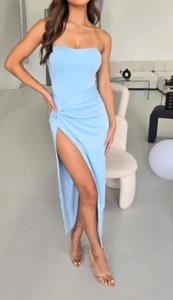 NEW TIGERMIST BABY BLUE STRAPLESS SLINKY HIGH SPLIT MAXI DRESS 10 12 - Foto 1 di 3