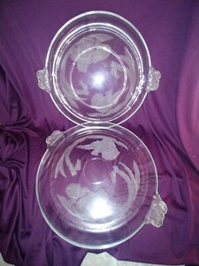 CRYSTAL SERVING PLATTERS WITH EAR HANDLES FROSTED WATER LILYS DESIGN SET OF 2 - Picture 1 of 7