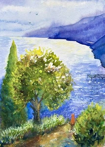 Original Watercolor Painting cat looks at the Sea scape home decor Tree Sunset - Picture 1 of 7