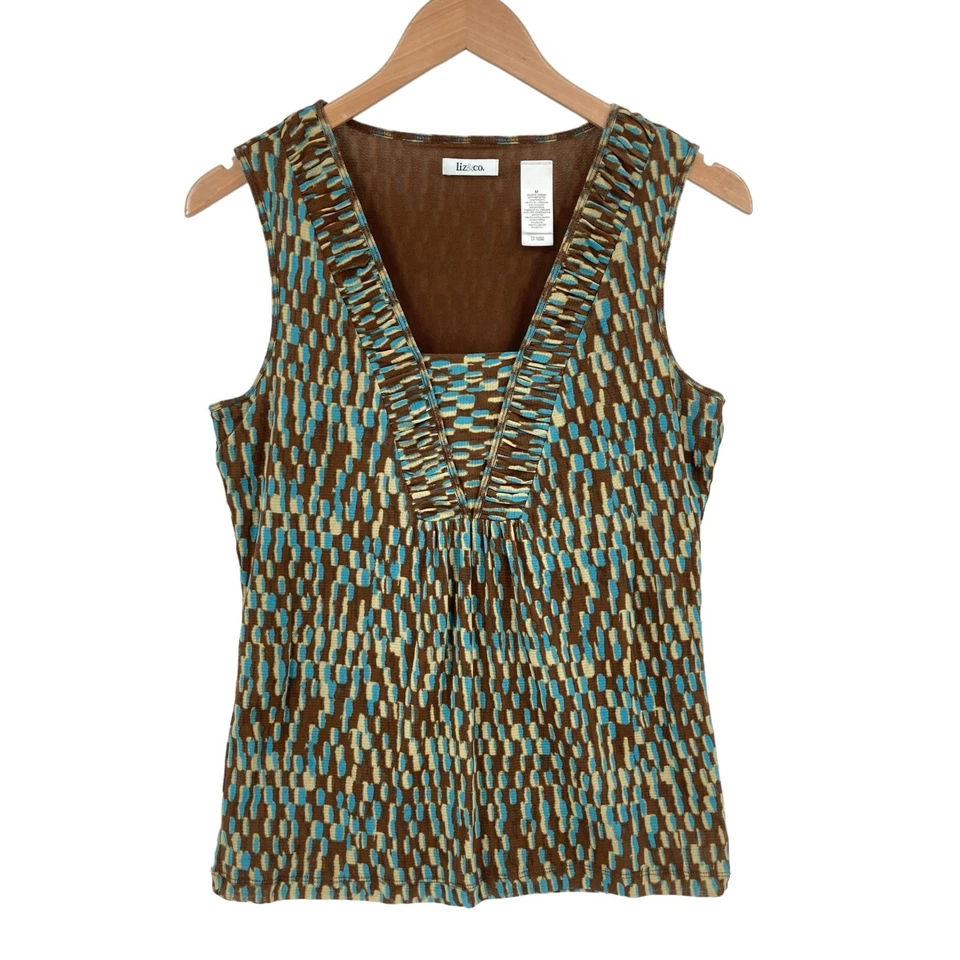 Liz & Co блузка верхний женщин средний мульти Geo печать без рукавов с подкладкой плиссированные V шеи - Изображение 1 из 4