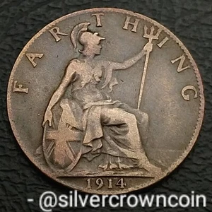 UK, Great Britain Farthing 1914. KM#808.1. 1/4 C. Quarter Penny Cent coin. WWI B - Picture 1 of 7