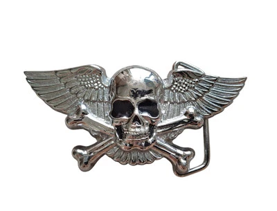 WINGED SKULL & BONES CROSSBONES BIKER SOLID BRASS BELT BUCKLE 1979 BARON BUCKLES - Image 1 of 4