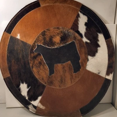 Alfombra redonda de cuero de vaca patchwork 24" hecha a mano marrón occidental tonos crema Foto 1 de 4