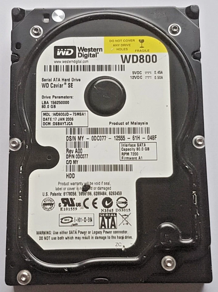 80 GB SATA Western Digital WD800JD-75MSA1 7200rpm 8MB HDD 3.5 " Hard Drive - Image 1 of 1