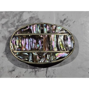 Gorgeous Vintage 3.5" Oval Abalone Belt Buckle Made In Mexico Silver - Picture 1 of 9