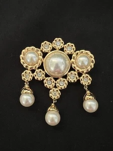 Vintage Nina Ricci Paris goldfarbene gewölbte Kunstperlen Strass Hänger Brosche - Bild 1 von 4