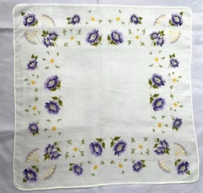 VINTAGE HANKIE HANKY LOVELY PURPLE FLORAL PRINT ON WHITE COTTON SOFT AND PRETTY - Image 1 of 4