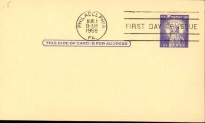 AUG 1-1958 UX46 3c LIBERTY POSTAL CARD FDC PHILADELPHIA, PA - Image 1 of 2