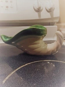 MCM Regal Pottery Planter Vase Cornucopia USA Green Top White Base 10" Long - Picture 1 of 2